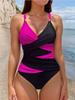 Costume da Bagno Intero Sexy a Blocchi di Colore con Raccoglitura e Incrocio Moda Donna Vacanza al Mare Costume da Bagno Elegante