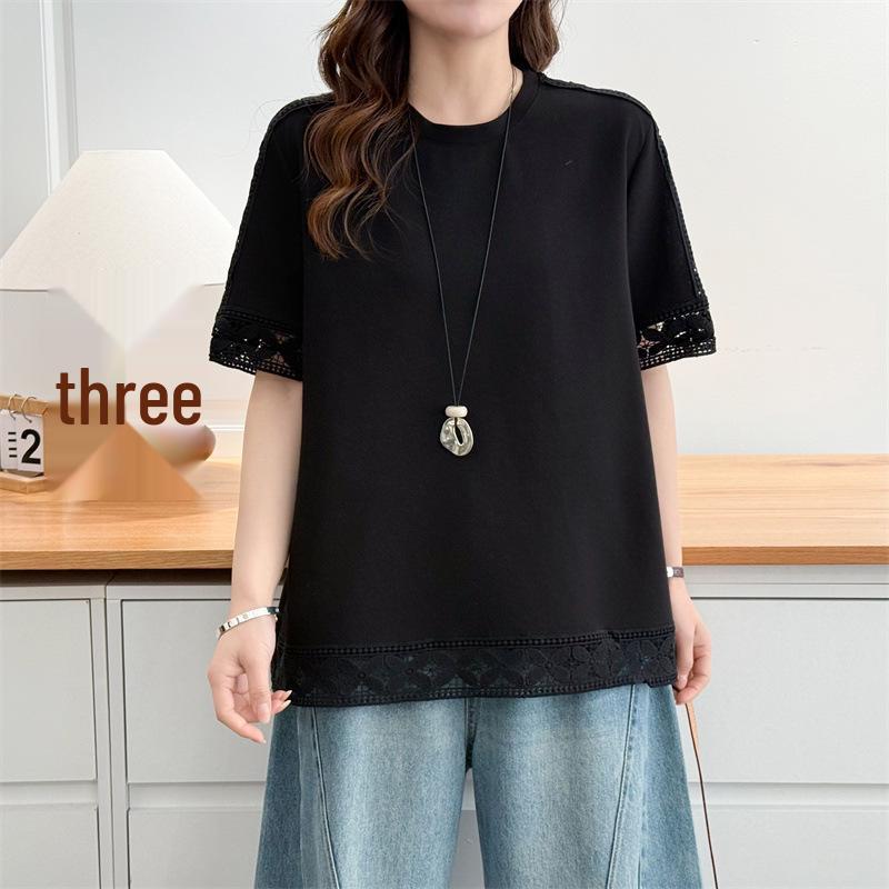 

Plus Size Women s Hollow Out Shoulder Patchwork Top: Short Sleeve, Round Neck, Summer 2026 French Style Shirt. 3XL чорний