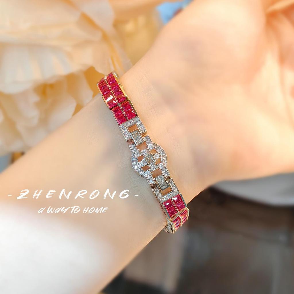Artdeco Red Corundum & Diamond T-Bar Double Row Bracelet