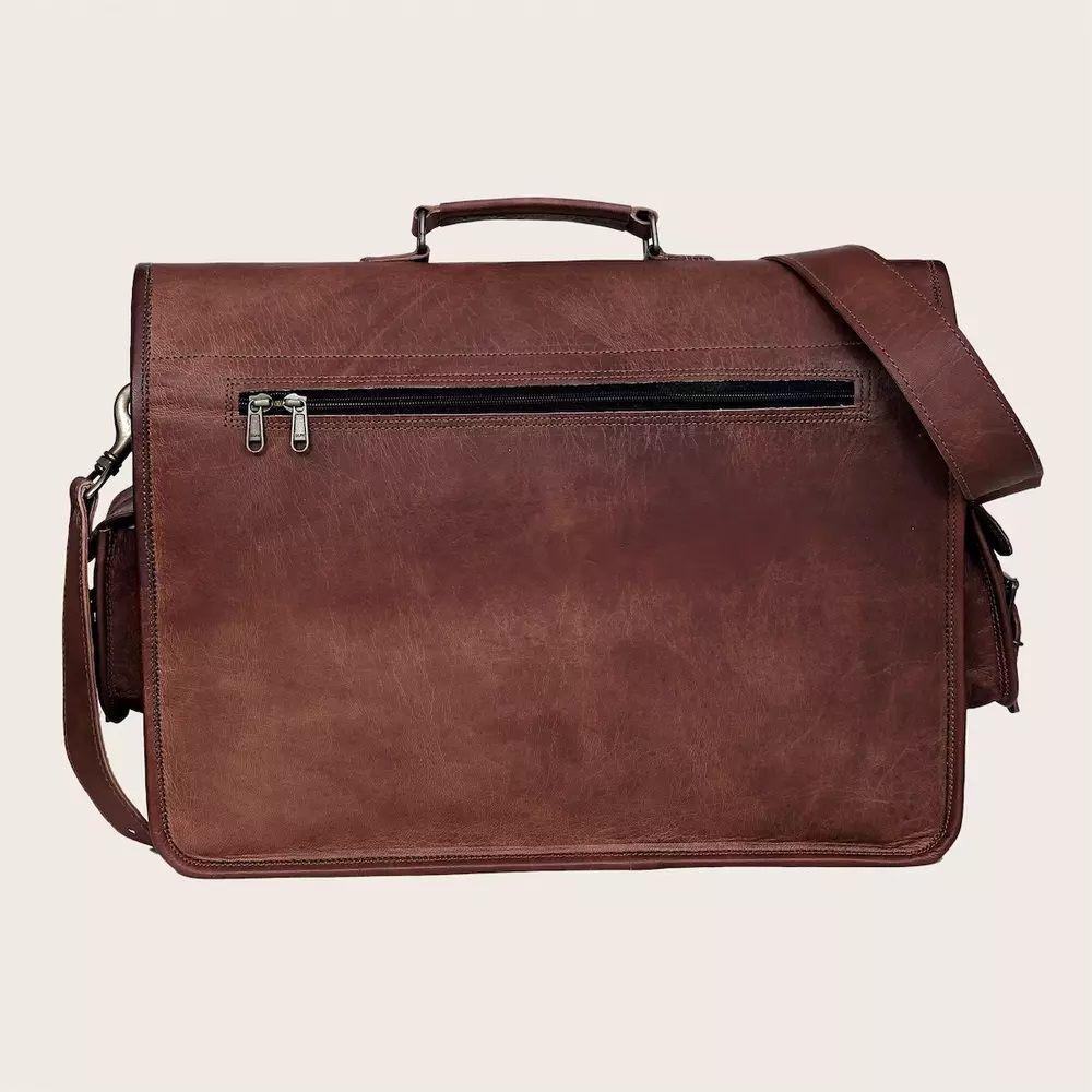 Goat Leather Bag Genuine Messenger Laptop Men's Satchel Real Brown Briefcase