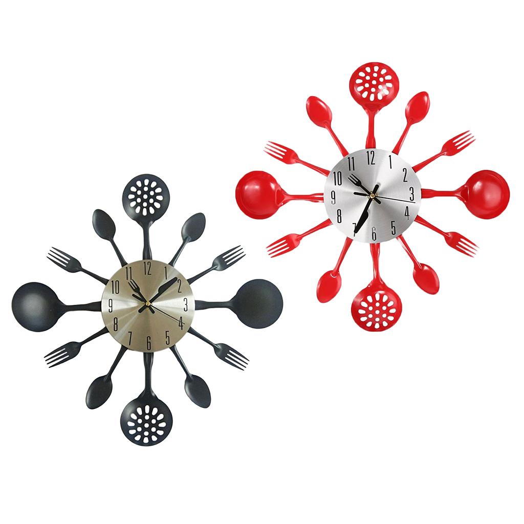 Creative Kitchen Wall Clock with Utensils Non-ticking Silent Wall Clock Round Stainless Steel for Home Decor