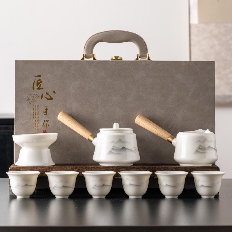 Suet Jade White Porcelain Side Handle Pot Kung Fu Tea Set High-end Home Tea Art Office Simple Teapot Teacup