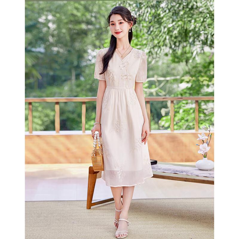 Sishui Nianhua Women's Elegant Short-Sleeve Midi Dress