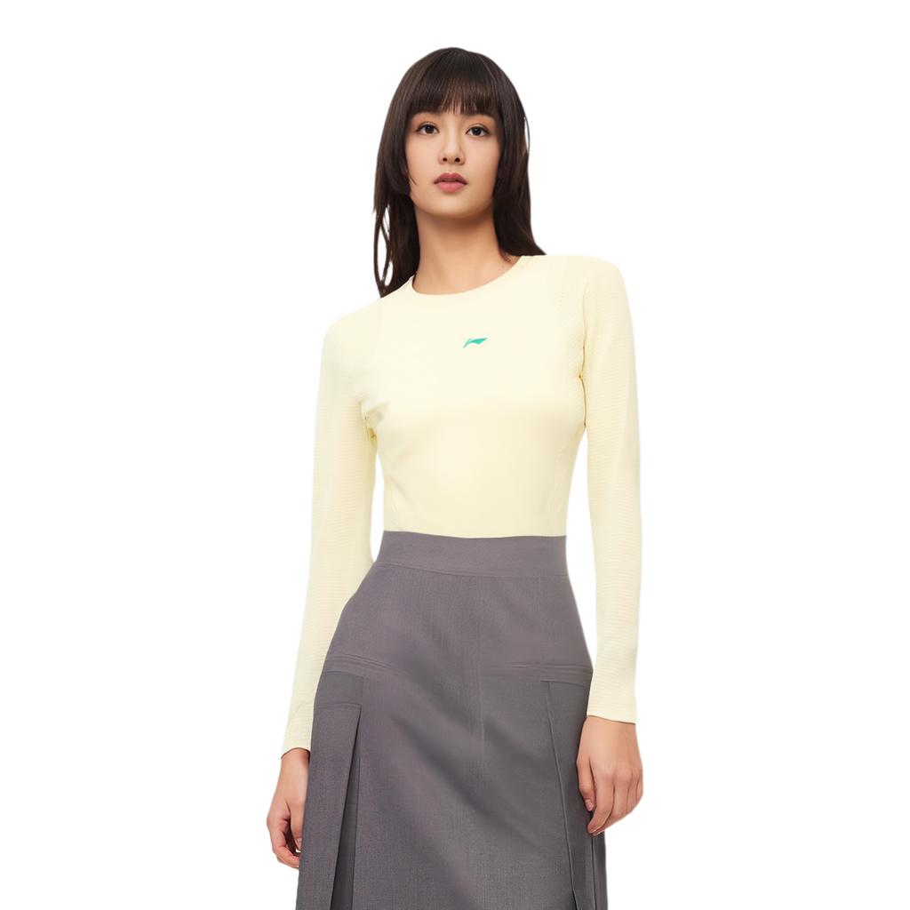 Li Ning Camiseta de Corrida Confortável Slim Fit Manga Longa Feminina Tops Amarelo Gelato ATLU048-2