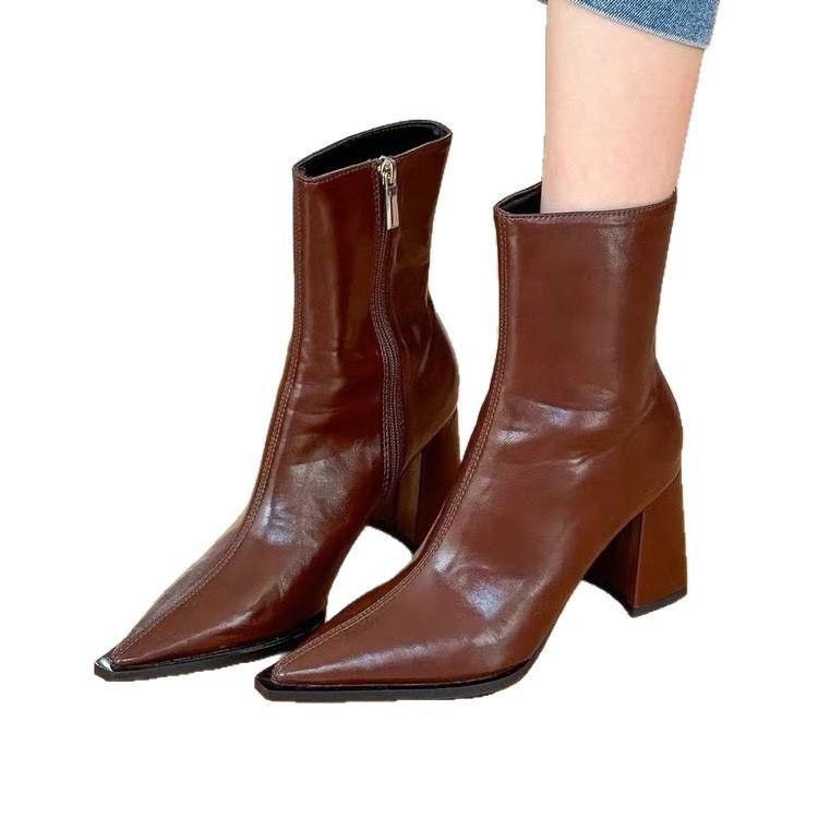 High Heel Fashion French Autumn New Pointed Temperament Fashion Short Boots Chelsea Boots Thick Heel Short Tube Skinny