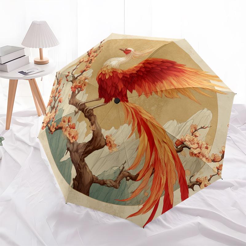 Branch Bird Pattern, Automatic Folding Umbrella, Portable and Foldable Design, 8 Ribs, a Christmas or Birthday Gift.