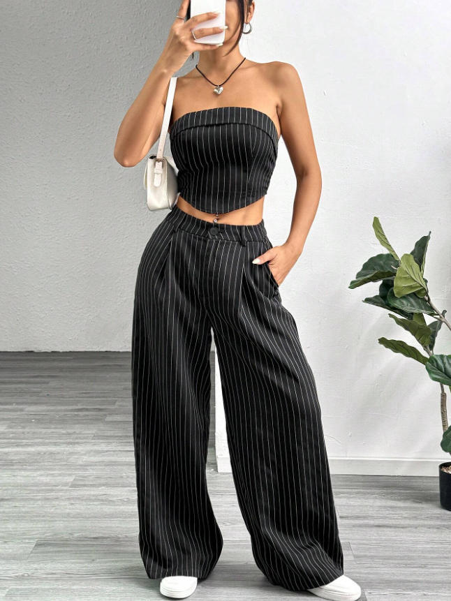 

Women s Black White Stripe Tube Top with Wide Leg Pants Two Piece Set S