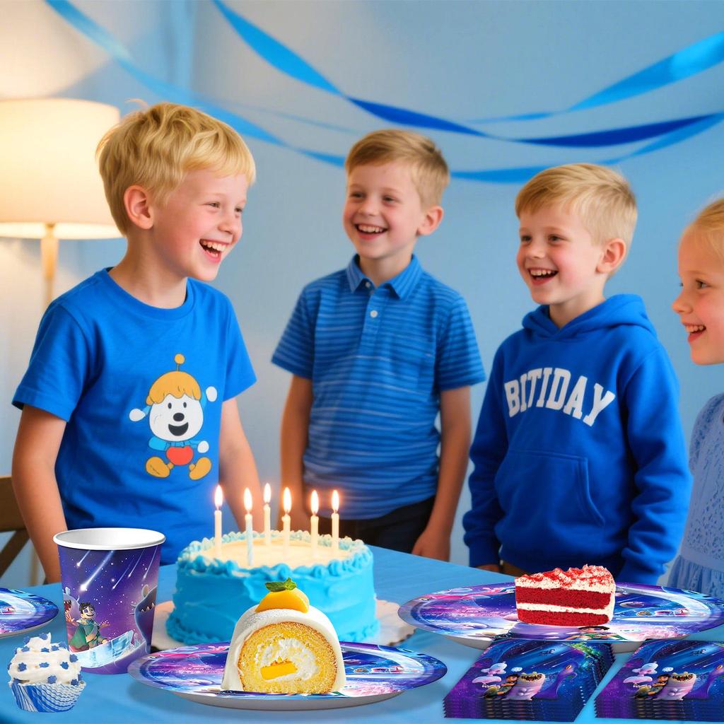 Earth Special Agent Anime Birthday Party Tableware Set: Plates, Cups, Tablecloth, Knives, Decorations.