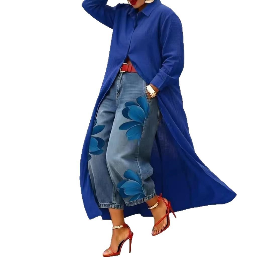 Women's Long Sleeve Oversized Button Down Long Shirt Red Casual Blouse