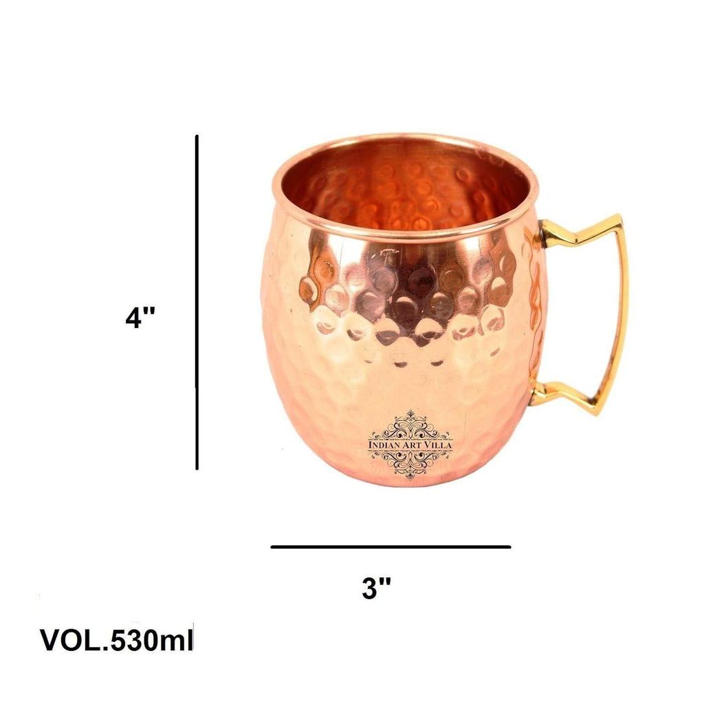 Pure Copper Round Shaped Shine Hammered Design Moscow Mule Beer Mug Cup, Best for Beer Cocktail Parties, Barware, Volume-530ML, Set of 2