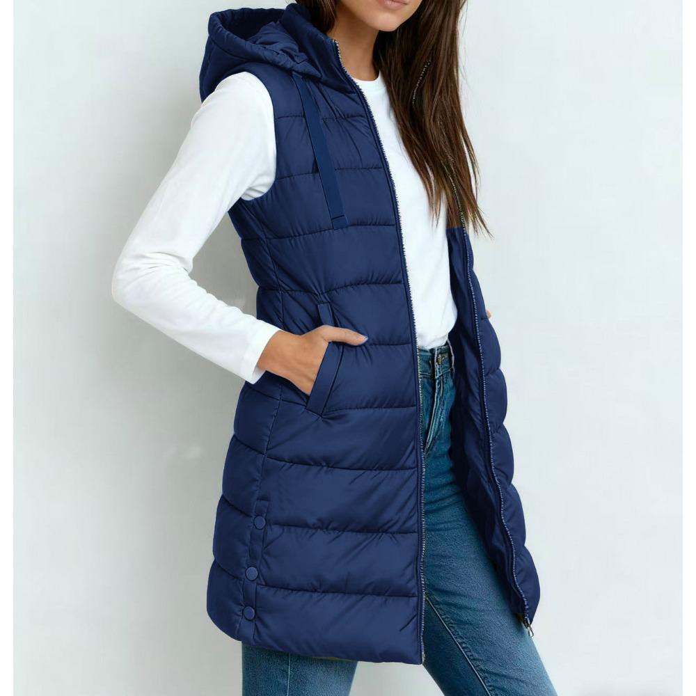Autumn Winter Solid Color Hooded Zip Cotton Vest Women Mid-Length Plus Size Padded Gilet Coat