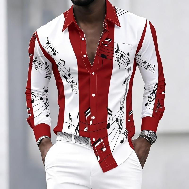 Men's Collared Shirt with Creative Musical Note Print, Trendy Long-sleeved Casual Top for Everyday Wear