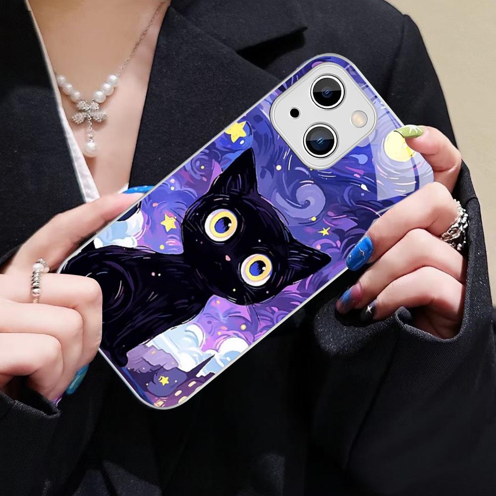 Starry Sky Cat Phone Case For IPhone 14 13 12 Mini 11 Pro XS Max X XR 14 Plus Tempered Glass Cover