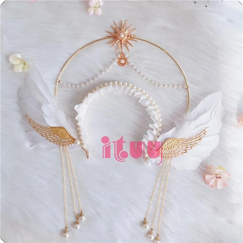 Lolita Corona Aureola Solare Fascia per Capelli Catena di Perline con Nappe Ali d'Angelo Fascia con Spine di Rosa Gotico Vintage Diadema Mary Barocco Copricapo