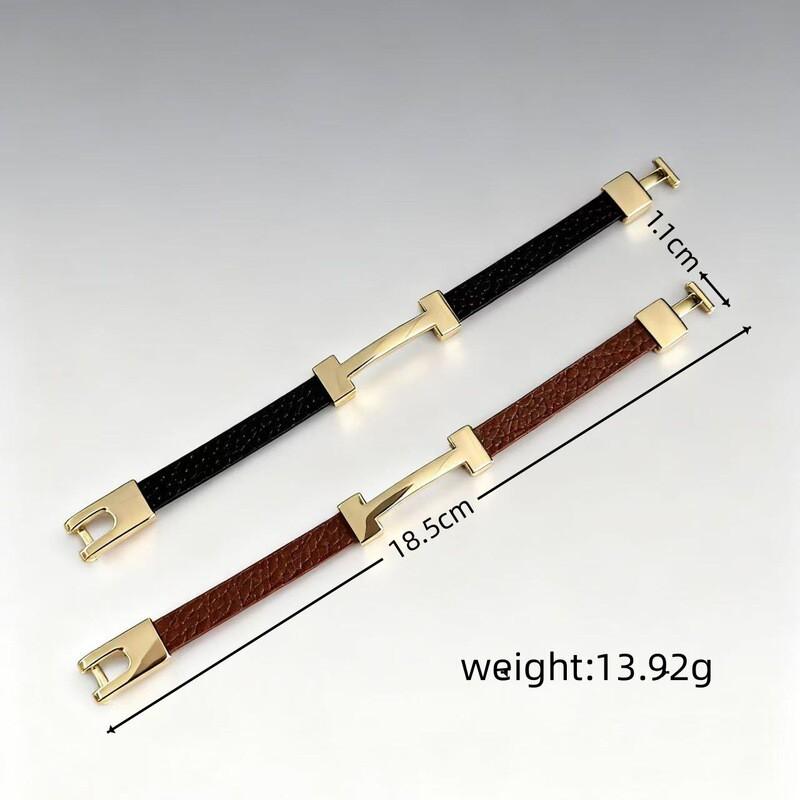 Minimalist Geometric PU Leather Flat Rope Bracelet Women Men Zinc Alloy Electroplated Brown Black Fashion Accessory