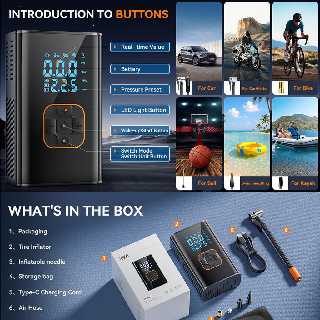 MotorX Tire Inflator Portable Compressor 2 Generation, Large Tire Inflator Speed 0 Seconds Fast Inflation , 15000mAh Battery Capacity, 65W