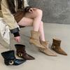 2025 Autumn and Winter New Pointed Metal Niche Design Short Boots Women's Low Heel Pleated Niche Retro Elastic Thin Boots