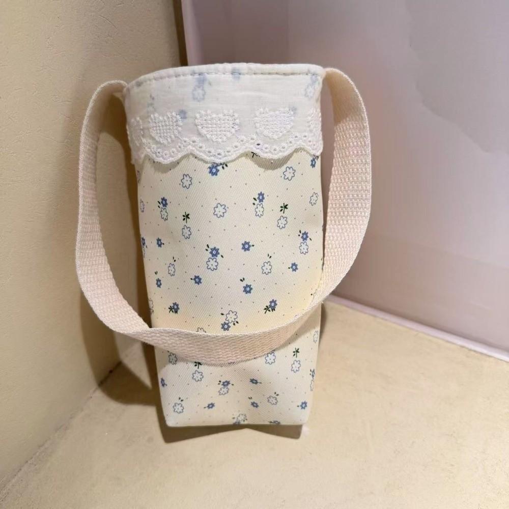 Lace Trimmed Water Bottle Cloth Bag Portable Lightweight Water Bottle Holder Handheld Floral Print Water Cup Sleeve for Students