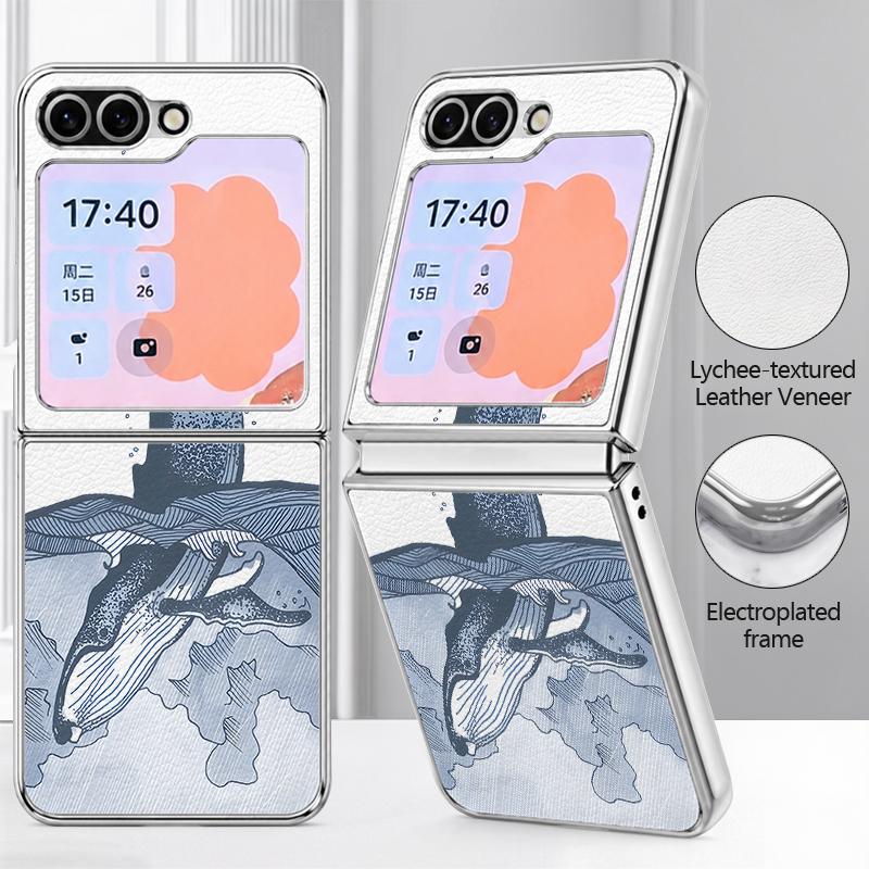 Blues Fish Whale Ocean Phone Case For Samsung Galaxy Z FlIP 7 FE 6 5 Plating PC+PU Leather Hybrid Folding Cover For Samsung Z Flip7 Flip6 Flip5
