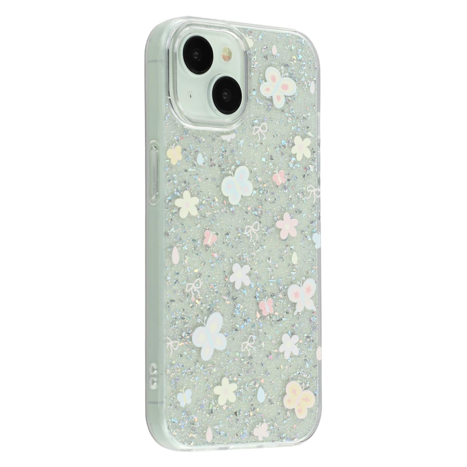 

For iPhone 15 Case Shiny IMD TPU+Acrylic Phone Cover Large Camera Cutout Painted Butterflies