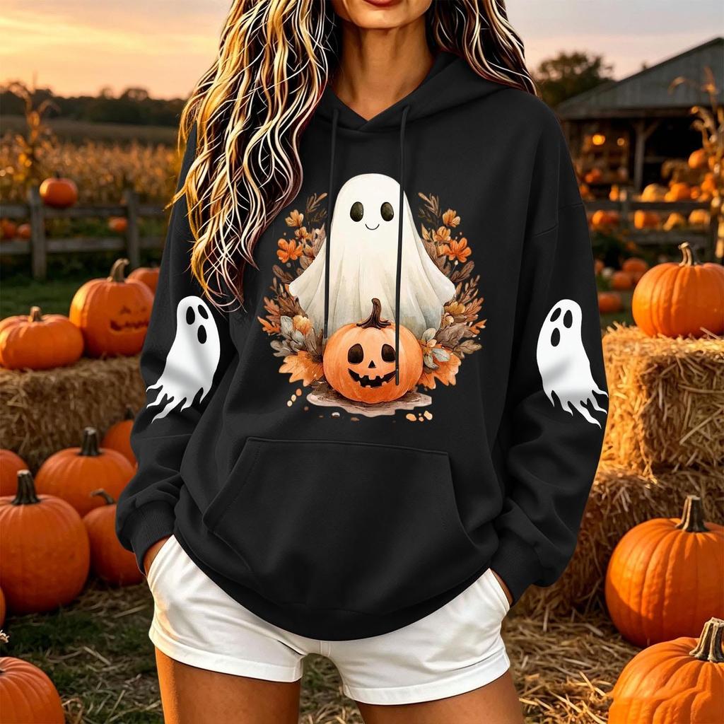 Women's Casual Long Sleeve Loose Fit Pullover Hoodie with Halloween Print