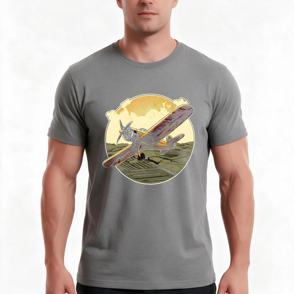 A Vintage Biplane Soaring Over A Countryside With A Propeller Spinning In Motion Tshirt Summer Casual Cotton Tee 100 Cotton