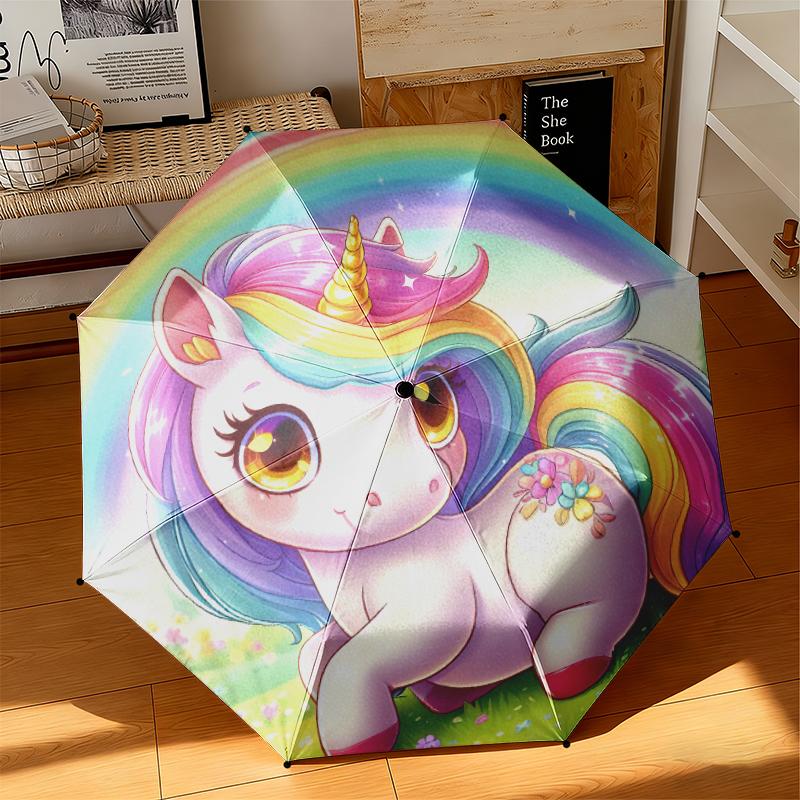 1pc Cartoon cute fantasy unicorn Umbrella Portable Folding Umbrella Iron Frame Hole Bone Structure Outdoor Home Umbrella