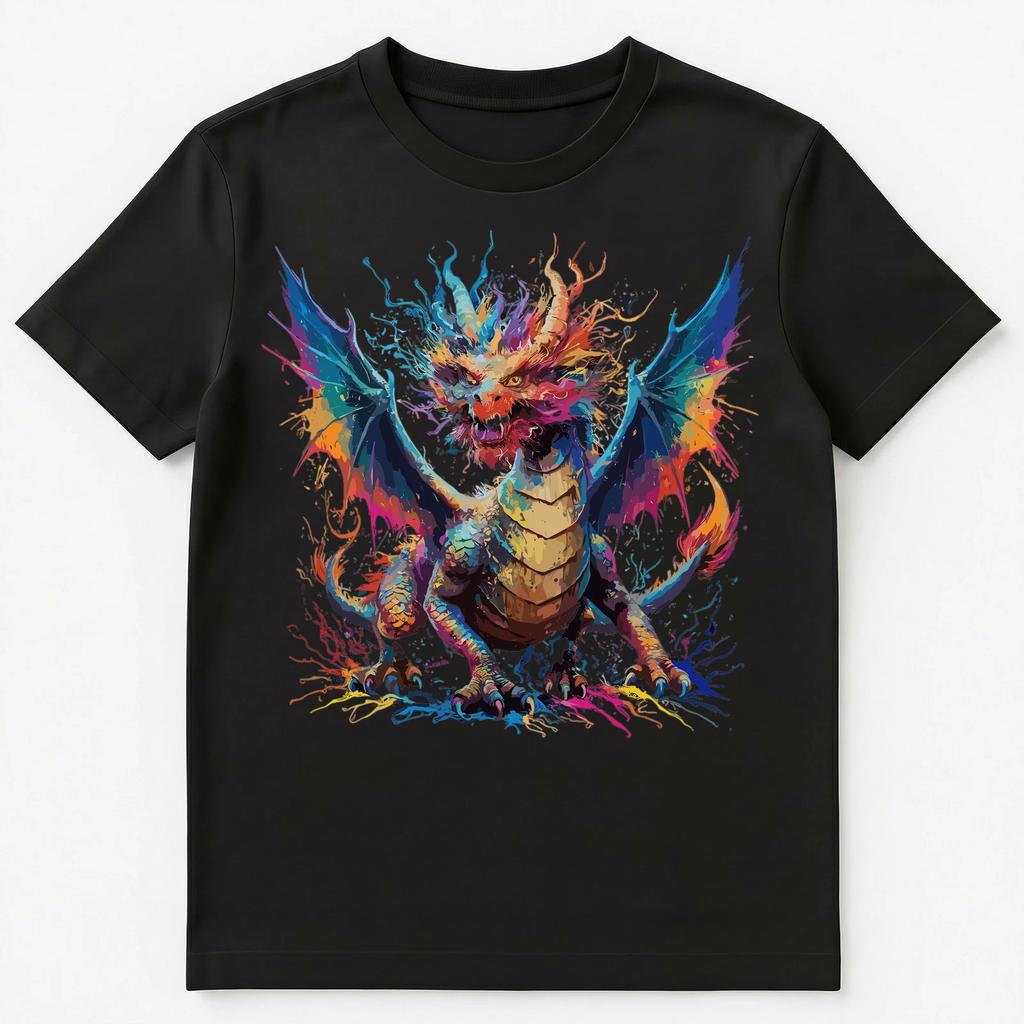 Buntes Farbspritzer Drachen Kunst Grafik Unisex T-Shirt