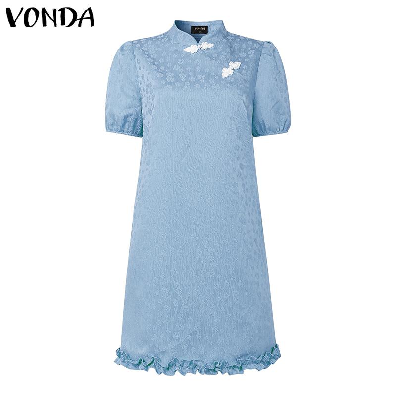 

VONDA Женское платье с коротким рукавом, текстурой цветов, в стиле ретро, повседневное, винтажное, с оборками XL
