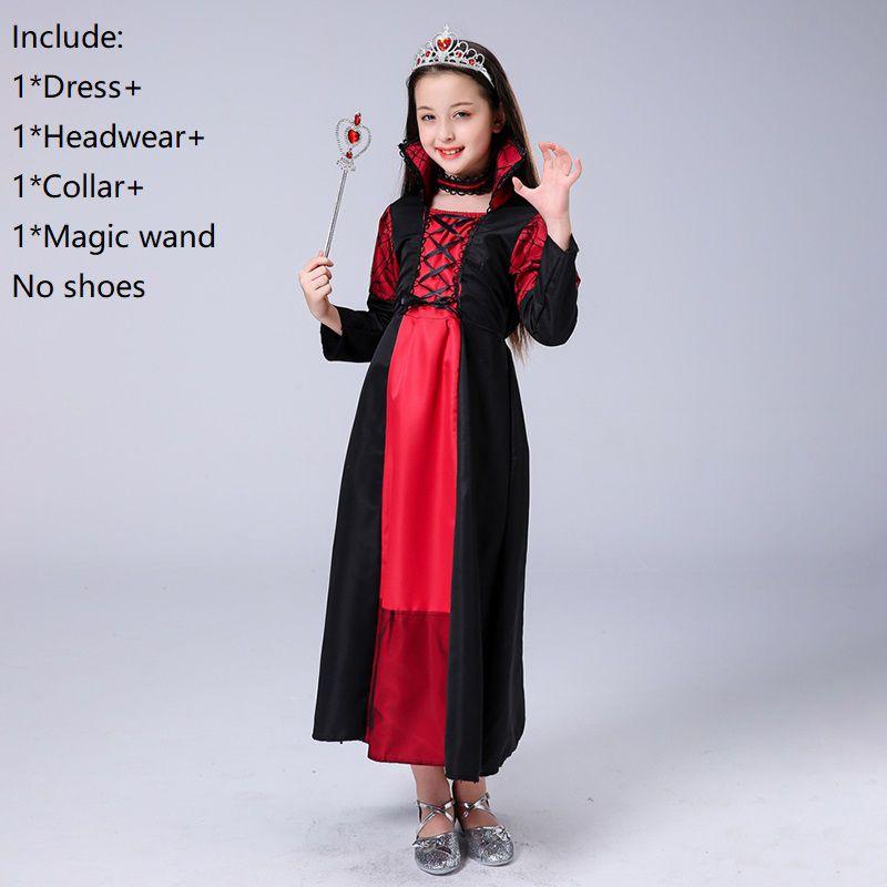 Girls Queen Kids Costume Lace Up Witch Dress Child Halloween Cosplay Sorceress