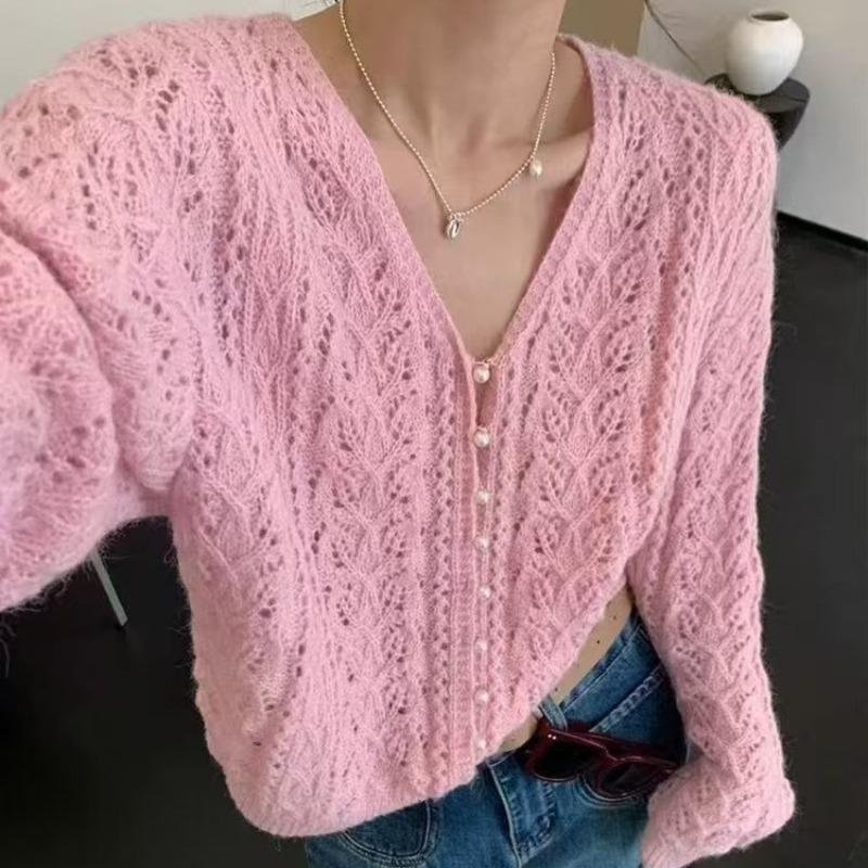 V-neck hollow shirt knitted cardigan women's spring and summer new high-end loose fashion long-sleeved f sunscreen shirt top