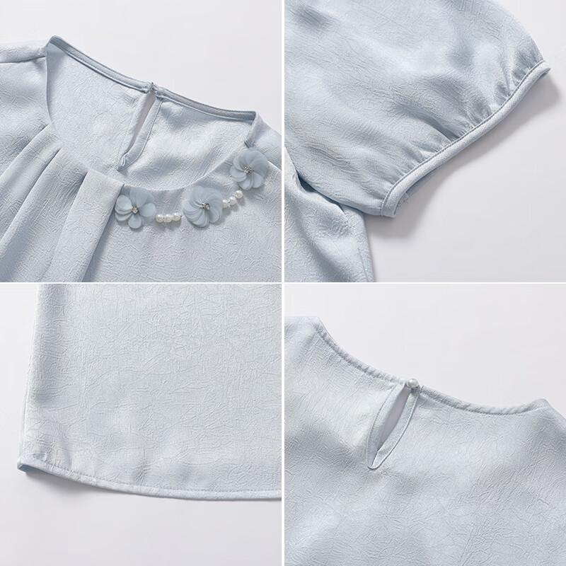 Qianbainian Women's Elegant Loose Fit Puff-Sleeve T-Shirt