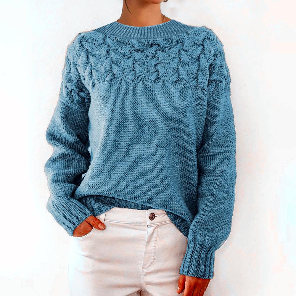Damen Pullover mit Zopfmuster, hohem Kragen und langen Ärmeln