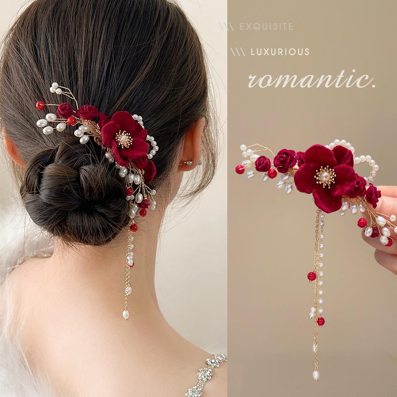 Vintage Silk Flower Hairpin For Girls Red Flower Pearl Hair Clip New Year Lucky Jewelry Hair Accessories Gift For Little Girls