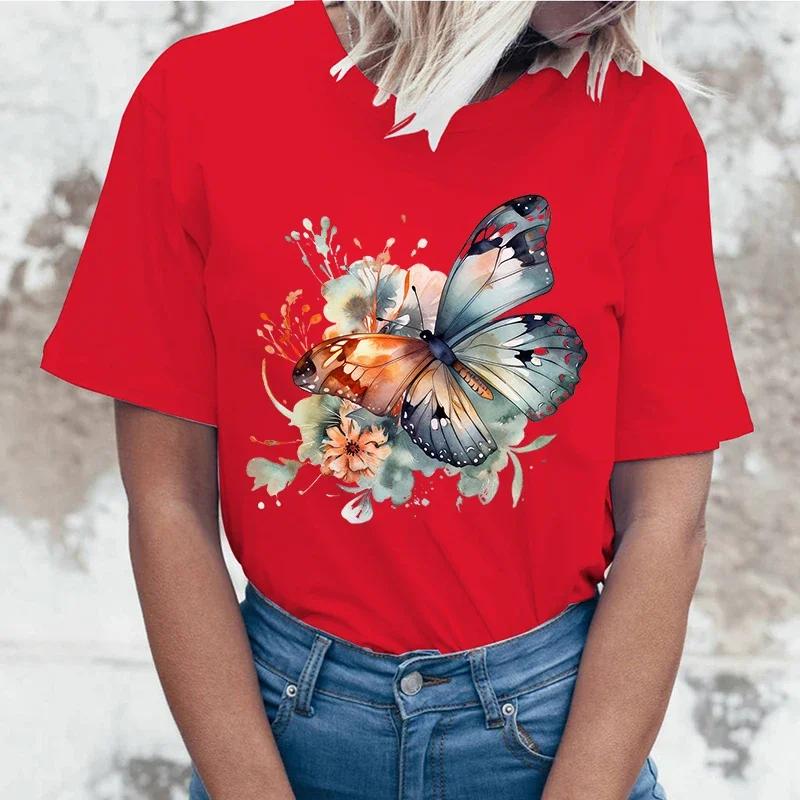 High quality  Flowers Butterfly Printing cottonn Fashion Short Sleeve Summer Cool Hip Hop Top woman