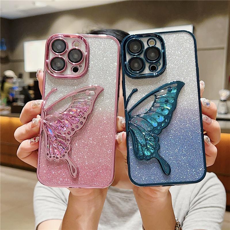 For iPhone 16E 15 Pro Max Fashion Glitter Butterfly Luxury Plating Frame Phone Case For iPhone 11 12 13 14 Plus Protective Cover