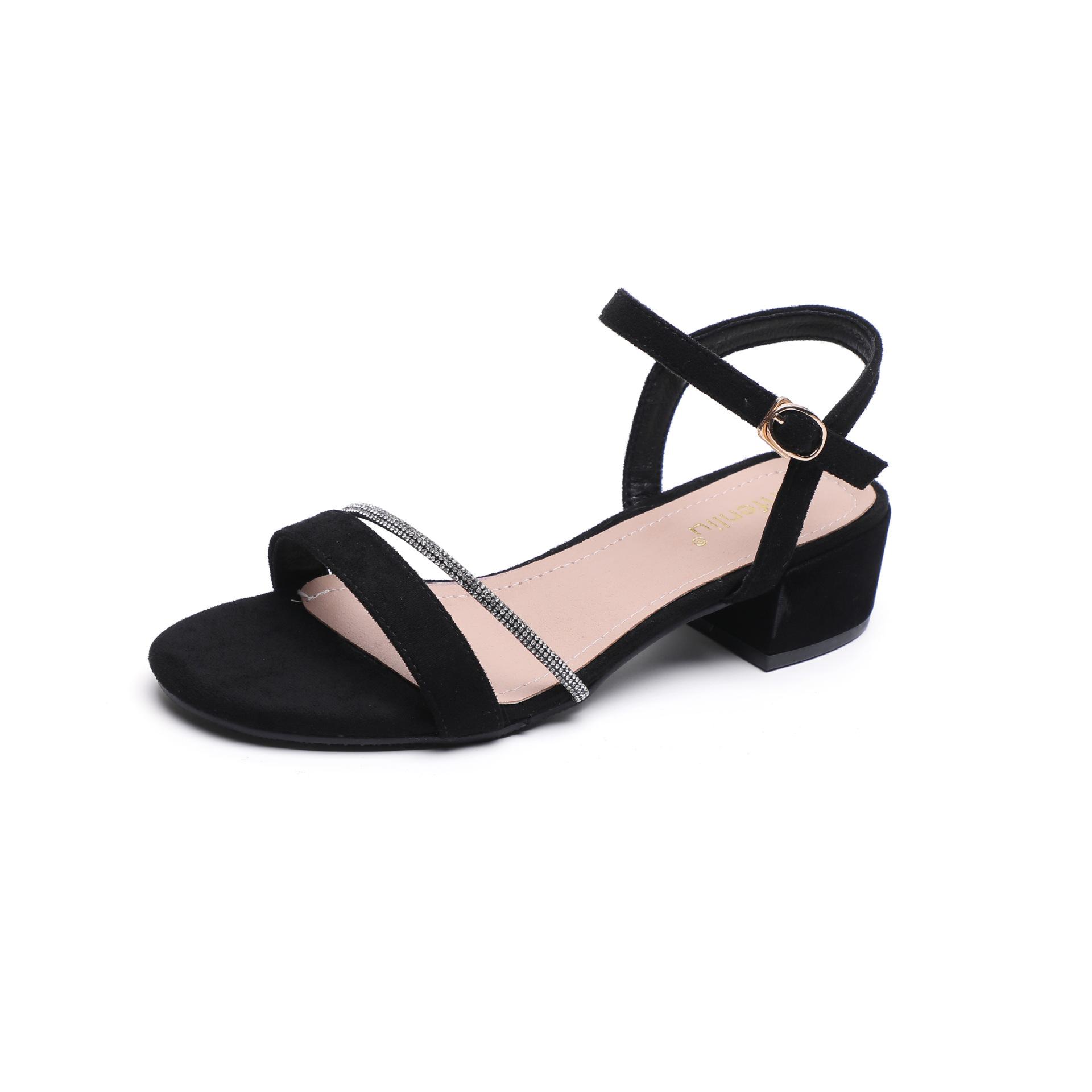 

Fashion narrow band med-high heels summer shoes woman chunky heel crystal sandals ankle strap suede leather sandalias mujer 2025 34 чёрный
