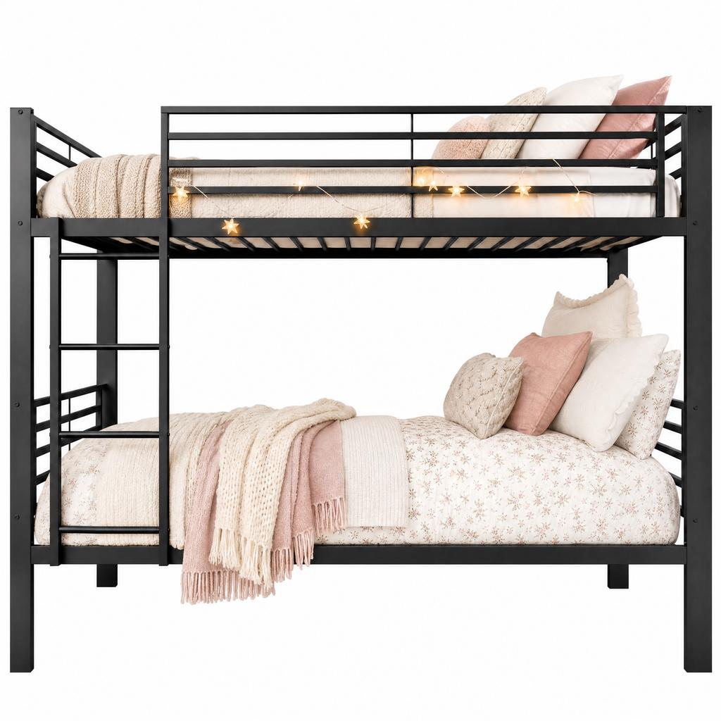 Metal Bunk Bed 90x200 Cm, Load Capacity Up To 350kg (150/200kg), Convertible To 2 Single Beds, Noise-free, Slatted Frame, Ladder Left/right, Black