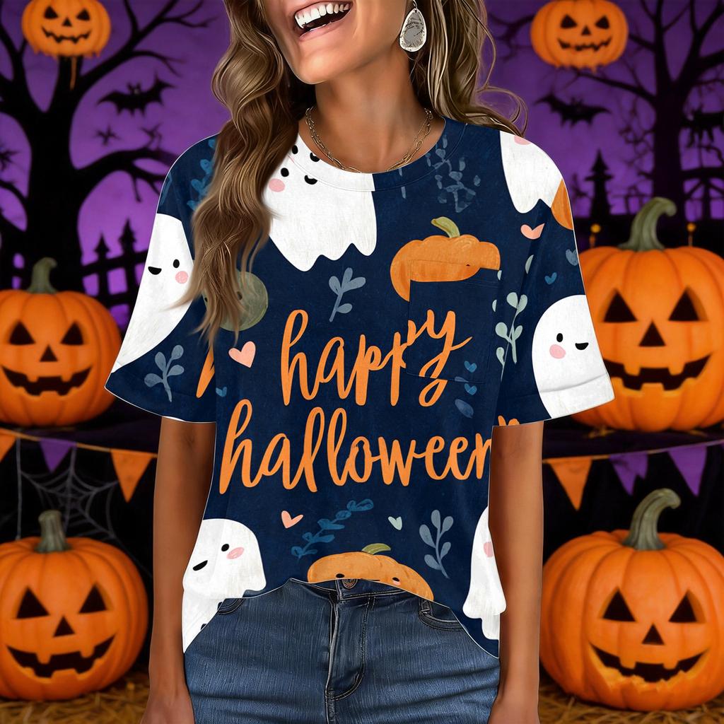 Women's Casual Short Sleeve Pullover Top Halloween Print Round Neck Pocket Design Loose Fit Comfortable T Shirt for Everyday Wear