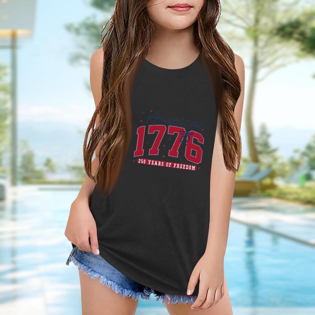 Girls  Kids Summer Crewneck Sleeveless Shirts Tank Tops Independence Day