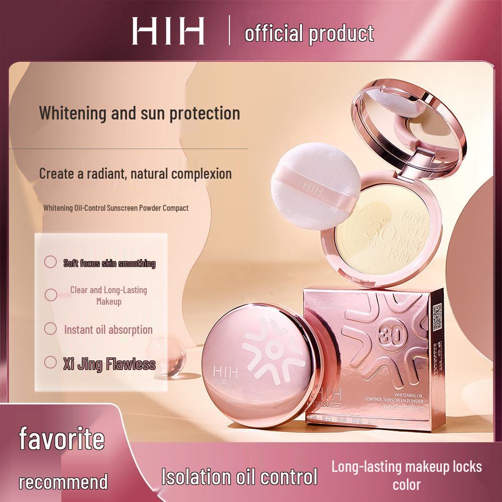 HIH Whitening Oliecontrole Zonnescherm Poeder: Langhoudende Concealer, Verheldert Huidskleur, Verbergt Poriën.