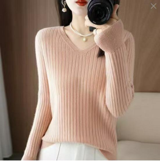 Pulôver Feminino Tricotado Canelado com Decote em V – Top de Lã Slim-Fit para Primavera e Outono 2025