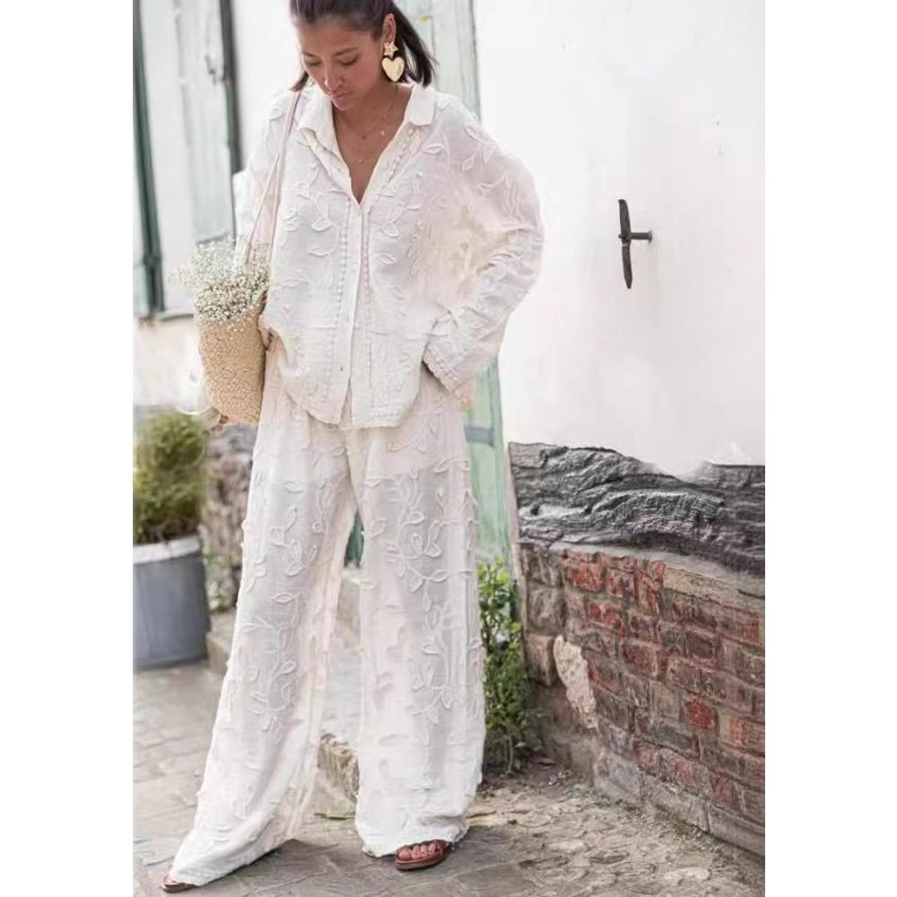 

Dimanaf Комплект из двух предметов больших размеров 2025 Блузка Костюм Женская одежда Винтажный принт Элегантные топы Однотонные брюки Женский костюм Лето One Size бежевый