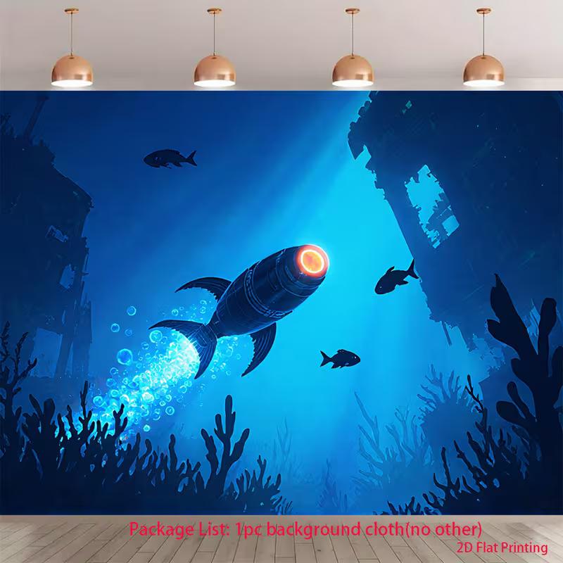 

2D Underwater Adventure Background, Sci-Fi Submarine and Bubbles 47.2x31.5inch/120*80cm