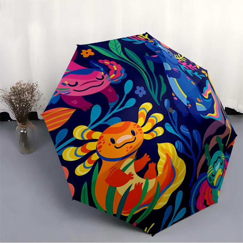 1pc Axolotls Marine Giant Salamander Automatic Open/Close Umbrella - Compact Travel Umbrella, 8-Rib Heavy-Duty Construction, Ideal Gift, Out