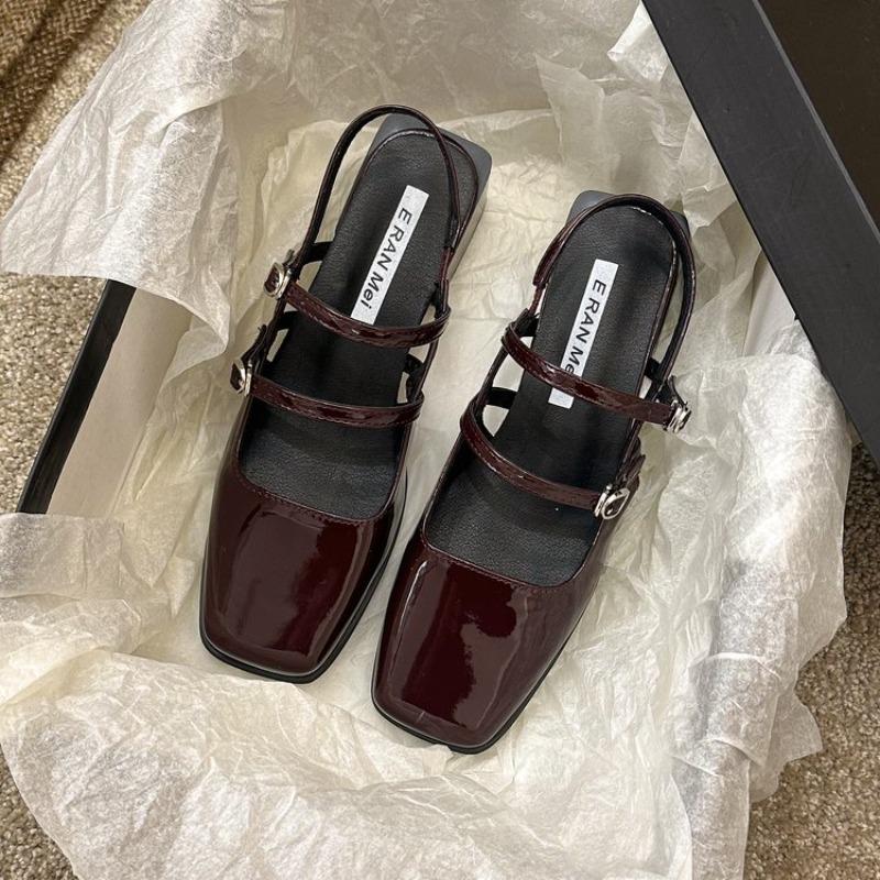 Fashion Fashion Baotou Sandals Spring New Square Head Shallow Mouth Metal Buckle A Line with Soft Sole Non-slip Mid-heel Shoes