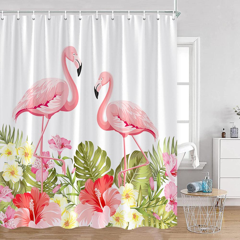 Flamingos Shower Curtains Tropical Leaves Pink Birds Green Plants Bathroom Curtain Polyester Fabric Home Decorations with Hooks