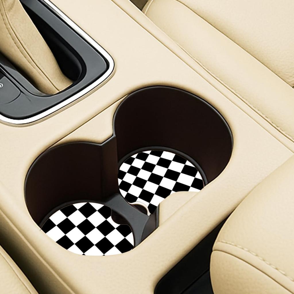 Black Checkerboard Ceramic Car Coasters – Absorbent Car Cup Holder Coaster Set for Women & Men, Cool Aesthetic Car Accessories, 2 Pack