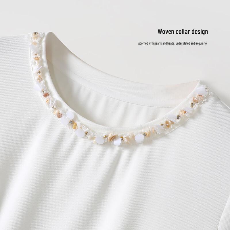 T-shirt Girocollo Arricciata con Nastro di Perle Retro Yibai 26 per Donna
