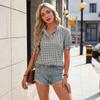 Womens Short Sleeve Shirt Ruffle Collar Button Down Plaid Checkered Blouse Lightweight Casual Top